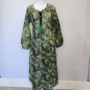 Anthropologie Raj Midi Dress Lightweight Tropical Palm Green Blue Sz Medium NWT!